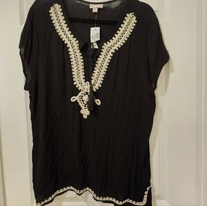 JM Collection Black Blouse with Cream Embroidery
